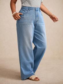 Elaquor 大码女式口袋宽松阔腿休闲百搭牛仔裤 - 淺色水洗藍 - 查看 5