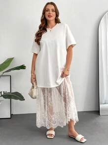 SHEIN Essnce 女士大码长裙，二合一连衣裙，蕾丝拼接连衣裙，透视女装，白色连衣裙，夏季连衣裙，毕业礼服，生日礼服，节日礼服，白色连衣裙，优雅高贵，休闲连衣裙 - 白色 - 查看 4