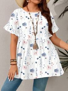 EMERY ROSE Plus Size Casual Resort Style Ruffled Sleeve Allover Print Blouse,Summer,Tropical Vacation Suitable For Going Out Chic Blouses For Women - White - View 3