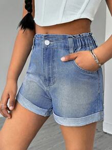Short vaquero elástico con dobladillo enrollado para uso diario, cómodo y versátil, para niñas adolescentes