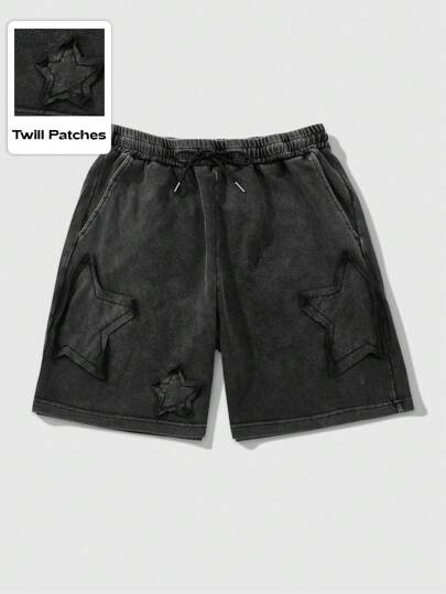 ROMWE MEN Grunge Punk 男士夏季休闲街头美式风格五角星牛仔贴布短裤