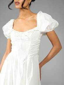 MISSGUIDED Cottage Core 泡泡袖中长连衣裙方领褶饰紧身胸衣茶会草原夏季婚礼宾客招待会伴娘花园派对复活节 - 白色 - 查看 6