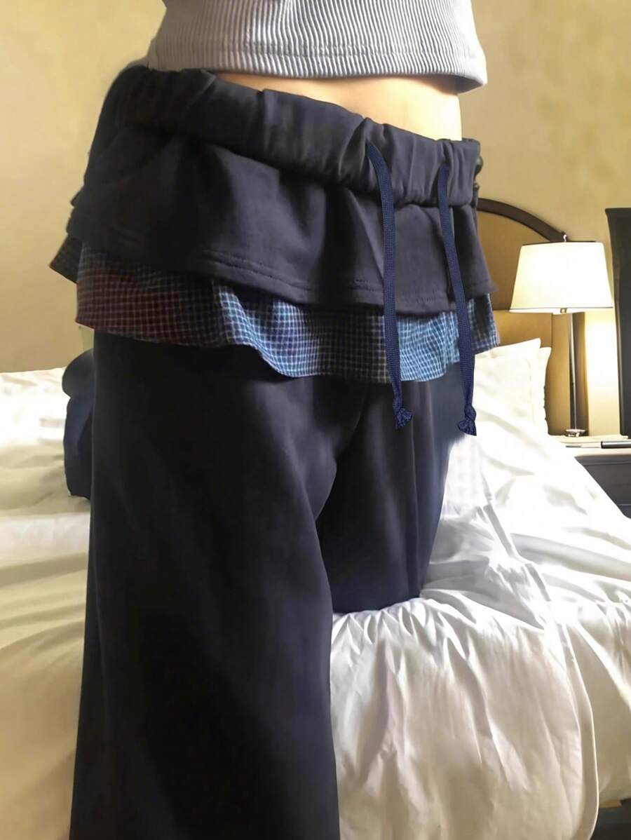 女式休闲抽绳腰格子拼接长裤 - 藏蓝色 - 查看 1