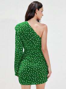 SHEIN Privé 法式经典圆点垫肩不对称褶饰下摆短款连衣裙，春季女士 - 綠色 - 查看 2