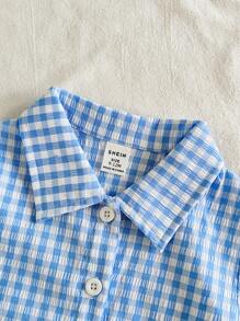 Vintaside Kids 男婴休闲格子短袖衬衫和短裤两件套，夏季 - 藍色 - 查看 6