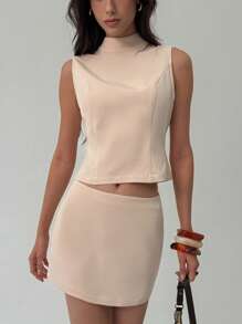 Aloruh 1 conjunto blusa cinza elegante com laço nas costas + saia para uso no escritório - Caqui - Ver 7