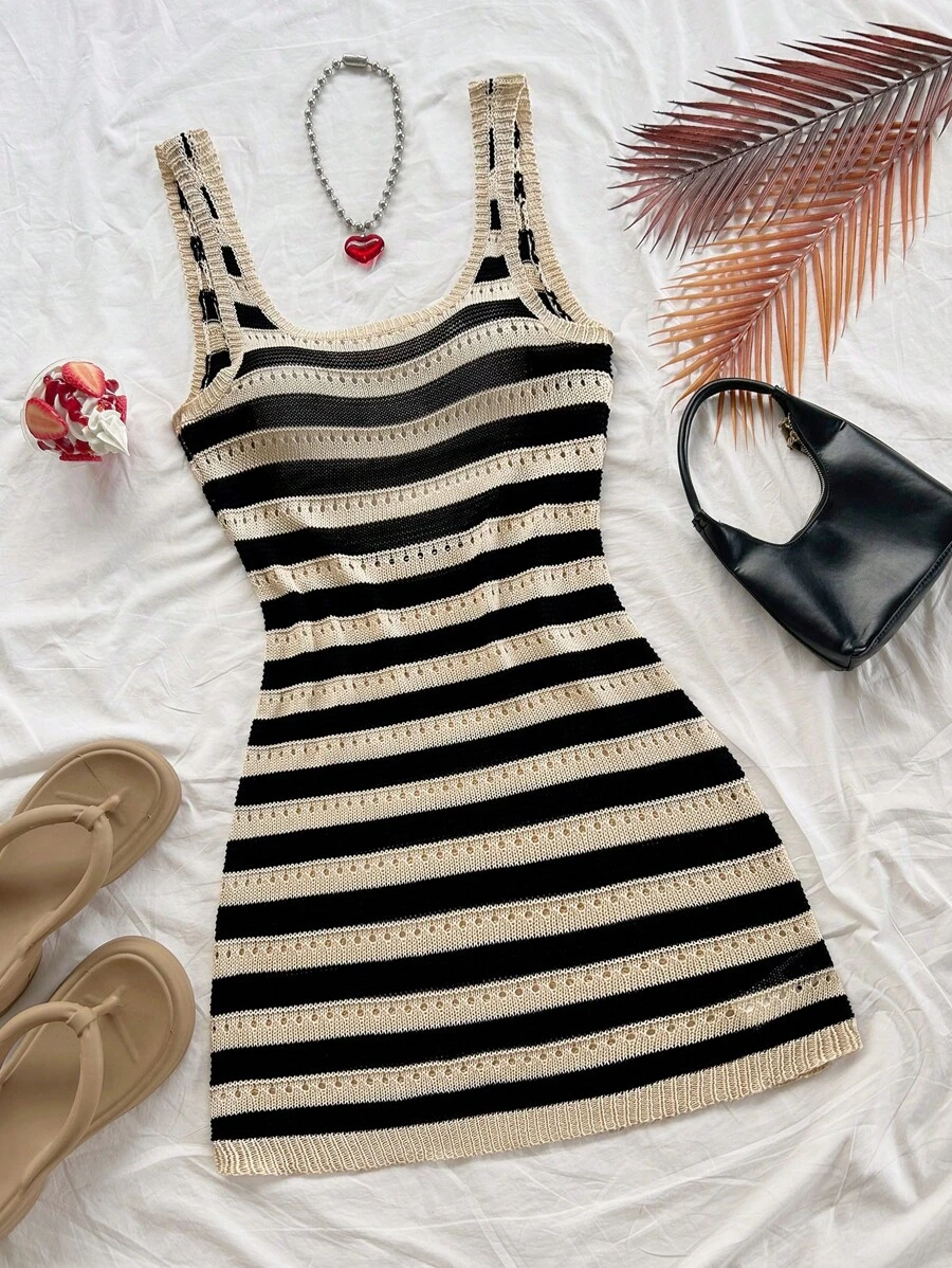 Soleia 春夏休闲杏色和黑色拼色条纹镂空露肩针织连衣裙，适合派对、约会、海滩、游轮、度假、音乐节、波西米亚风假期、下午茶