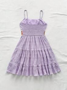 Soleia 夏季度假女士纯色休闲杏色70年代服装复古夏季钩针拼布褶皱荷叶边收腰A字连衣裙 - 淡紫色 - 查看 2