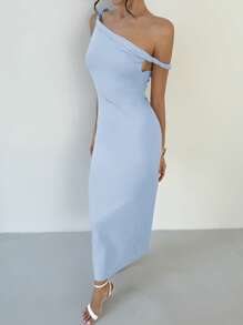 Firerie 女士优雅简约精致都市时尚日常工作聚会婚礼节日扭纹不对称修身浅米色细肩带长裙，春夏