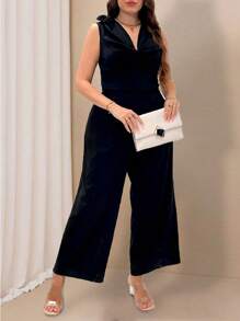 Bellastra Jumpsuit Hitam Tanpa Lengan Berkerah V Dalam yang Elegan dan Serbaguna, Bahan Nyaman untuk Bepergian, Pesta, Penggunaan Kasual, Ukuran Besar, Musim Semi/Panas/Gugur - Hitam - View 3