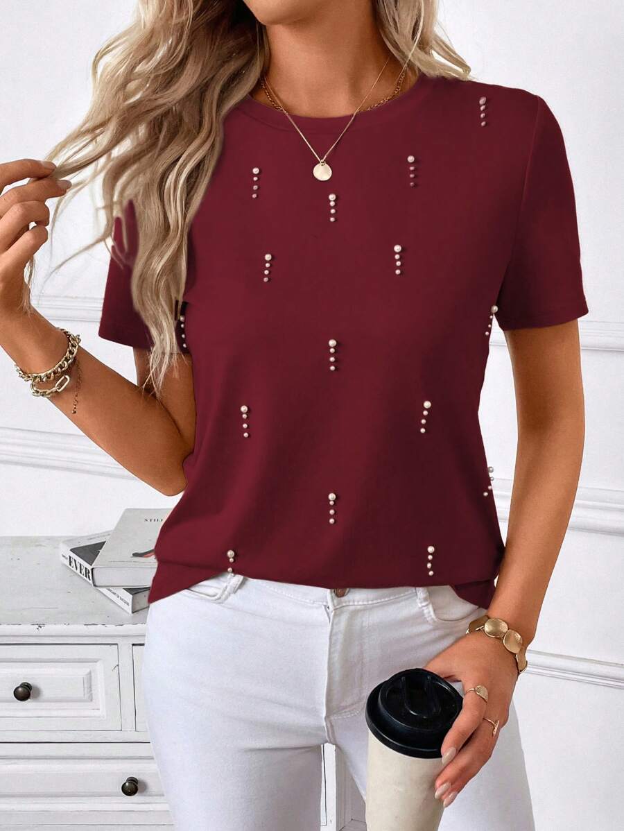 SHEIN LUNE 女式铆钉珍珠装饰短袖T恤 - 酒紅色 - 查看 1
