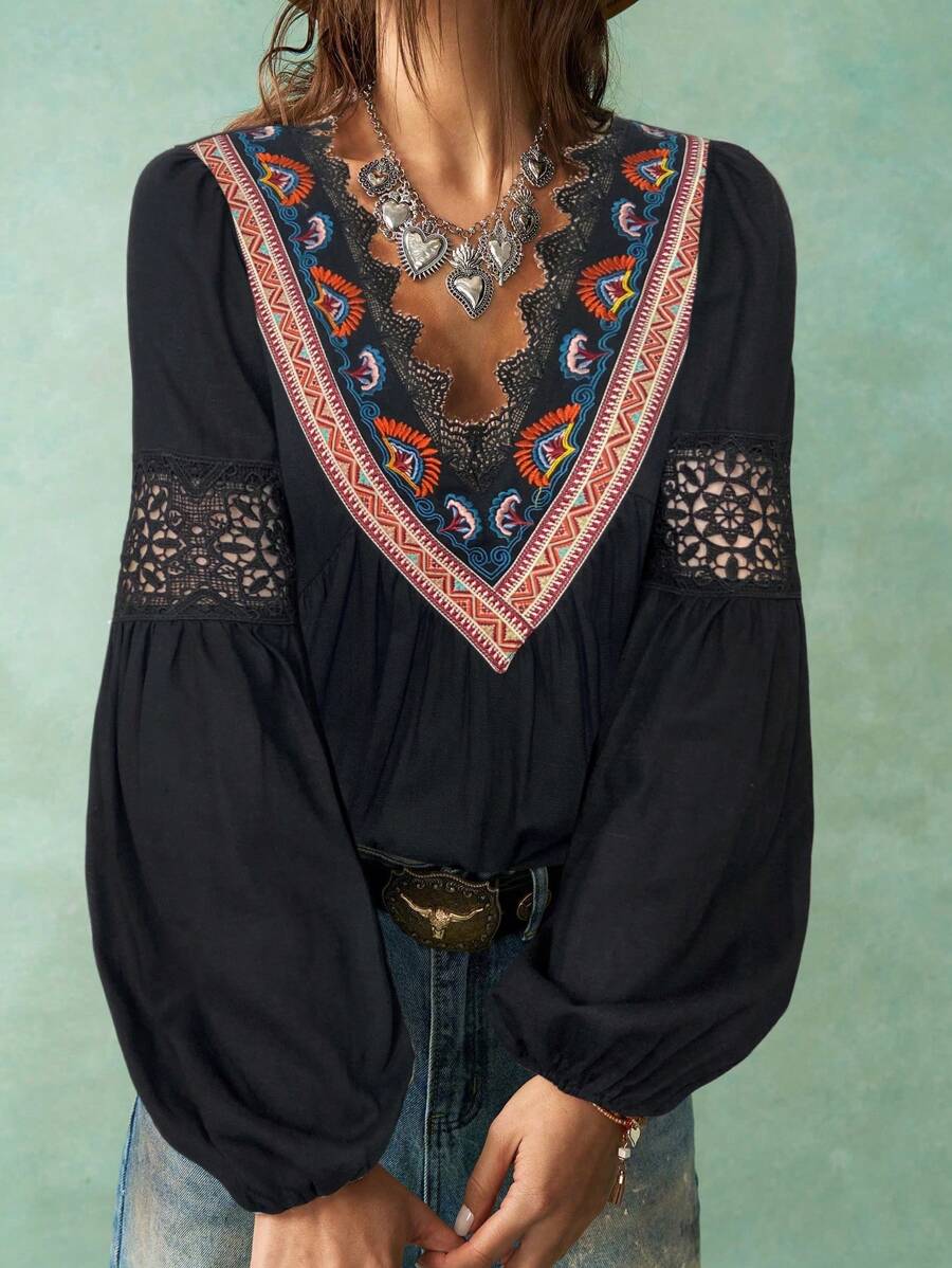 Bohemela Vacation Casual Embroidered V-Neck Women's Shirt