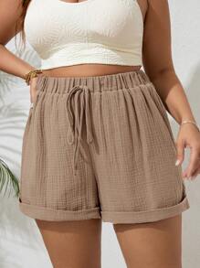 SHEIN VCAY Quần short thường ngày rộng rãi màu trơn buộc eo cho nữ cỡ lớn - Lạc đà - Xem 6