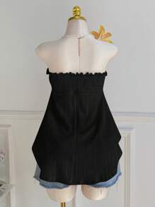 Comfortcana Top sin mangas con volantes, lazo delantero, ribete de encaje y bajo asimétrico, negro, talla grande, primavera/verano - Negro - Ver 2