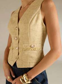 SHEIN Forever 21 女式夏季新款休闲V领无袖修身上衣 - 卡其色 - 查看 6