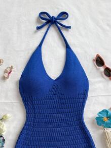 Soleia Vacation Halter Neck Backless Ruffle Trim Knitted Dress