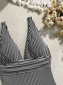 Swim Vcay Women Striped Print One-Piece Swimsuit, Perfect For Vacation For Summer - Black and White - View 6