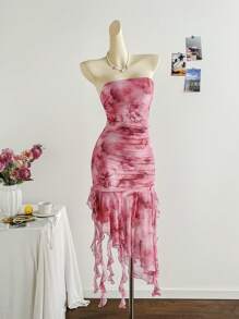 Soleia 女士节日浪漫扎染花卉网眼褶皱荷叶边露肩长裙，适合节日、约会、下午茶、派对、婚礼、海滩、游轮、时尚性感街头服饰、夏季 - 粉色 - 查看 6