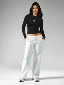 Missguided x Playboy Áo crop top bó tay dài có logo chú thỏ nhỏ Thể thao thường ngày Trang phục thể thao hiện đại Cơ bản Thiết yếu cho mùa thu đông - màu đen - Xem 4