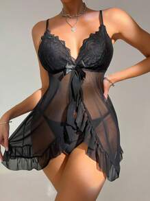Women's Black Lace Contrast Mesh Sexy Lingerie Set - Black - View 3