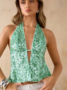 SHEIN BAE 闪亮亮片薄荷绿露背吊带背心，性感迷人，适合春夏季度假穿着 - 綠色 - 查看 7