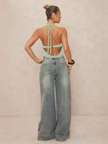 Lumalex Women Twist Front Metallic Flower Decor Deep Draped Neck Sleeveless Top