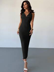 Firerie 女式简约优雅精致浪漫婚礼派对节日休闲垂坠领露背纹理长裙，杏色，春夏 - 黑色 - 查看 5