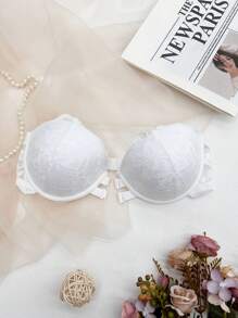 1pc Minimalist Sexy Lace Patchwork Front Closure Wireless Bra, Strapless For Women - White - View 7