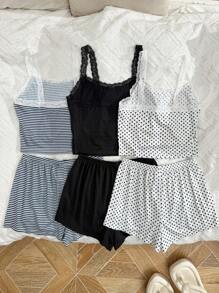 SHEIN 6pcs Women Casual Fitted False Placket Lace Patchwork Floral Print Camisole Shorts Pajama Set Bow Tie  Cozy And Elegant Details