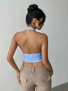 女式纯色露背开衩时尚蓝色挂脖上衣 - 淺藍色 - 查看 2