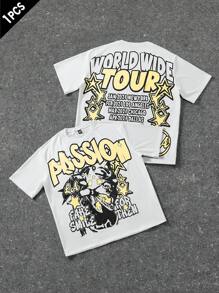 Manfinity EMRG 男士字母与星星图案宽松圆领短袖 T 恤，夏季图案 T 恤，白色图案 T 恤，男士双面印花 T 恤，图案 T 恤，世界巡回 T 恤 - 黃色 - 查看 1