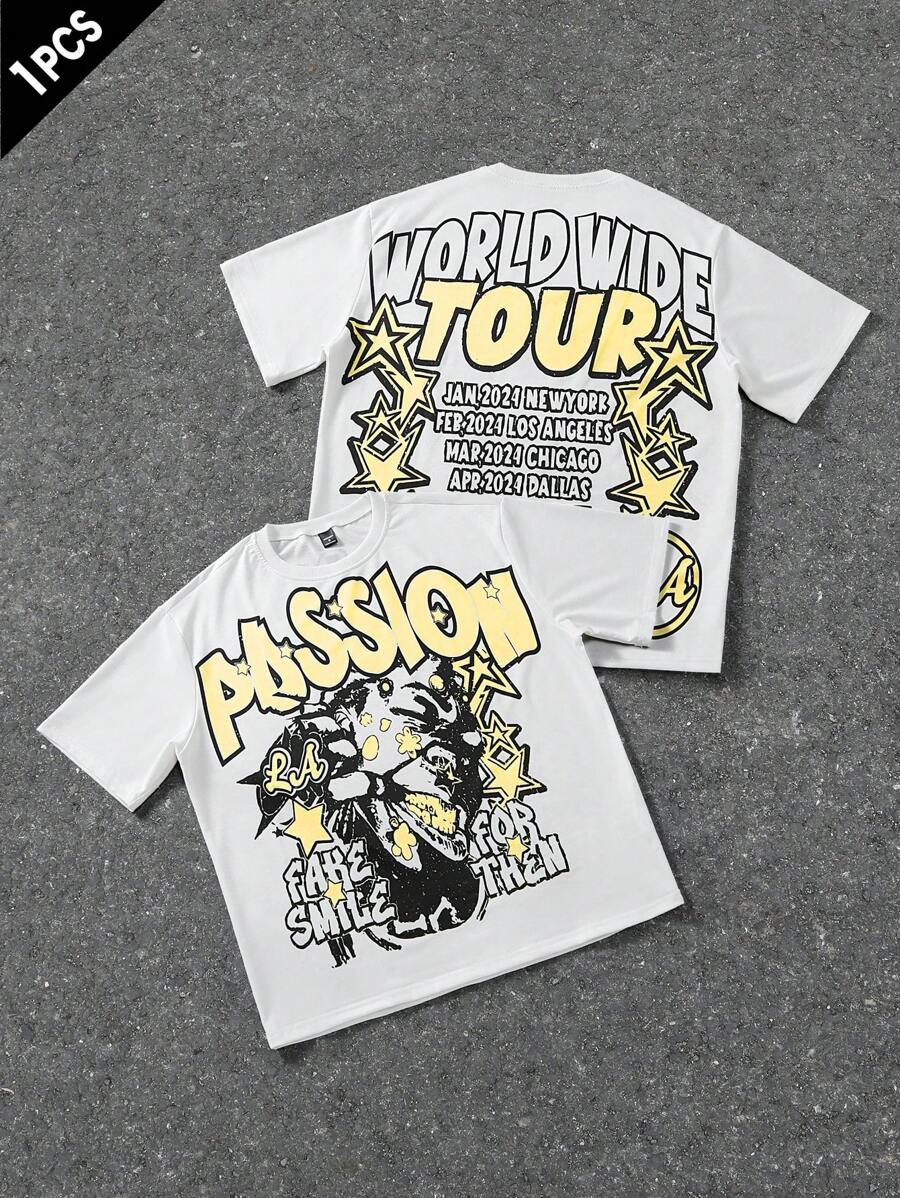 Manfinity EMRG 男士字母与星星图案宽松圆领短袖 T 恤，夏季图案 T 恤，白色图案 T 恤，男士双面印花 T 恤，图案 T 恤，世界巡回 T 恤 - 黃色 - 查看 1