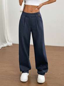 Flirla Petite Quần ống đứng xếp ly đơn sắc rộng rãi có túi cho nữ - Màu xanh hải quân - Xem 4