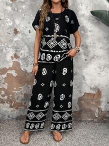 EMERY ROSE Woman Summer Outfits Two Pieces Outfits For Daily Wear,Paisley Print Two-Piece Vacation Pants Set - Black and White - View 3