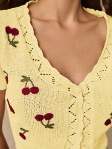 Poéselle Damen Lässig Kirschblüten Muster Cardigan mit Muschelabteilung, kurzärmlig, Sommer