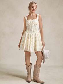 SHEIN LUNE Graduation Dress Drop Waist Dress Birthday Dresses For Women Country Music Festival 60s Retro Bubble Skirt Lace Trim White Mini Dress - Pink - View 9