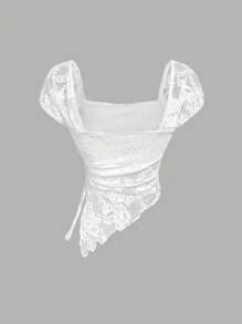 SHEIN MOD 休闲不对称荷叶边白色蕾丝、狂欢、毕业、浪漫、夏季、节日、乡村服装、海滩度假装、茶会、端庄、舞会上衣 - 白色 - 查看 2