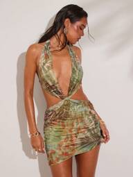 SHEIN BAE 1 Piece Spring And Summer Tropical Plant Mesh Print Sexy Hollow Low Waist Mini Dress Suitable For Club Island Vacation Outfits, Honeymoon Outfits Woman, Pool Party Outfit Vacation Outfits Woman  Ibiza Outfit, Holiday,  Festival, Vacation Beachwear, Beach,Bohemian Clothes