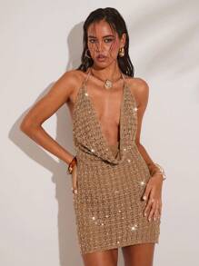 SHEIN BAE Damen Frühling Sommer tiefer V-Ausschnitt Swing Ausschnitt Pailetten Dekoration Häkel Urlaubs-Stil Mini Kleid geeignet für Musikfestivals, Clubs, Strandurlaub - Khaki - Übersicht 1