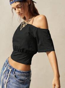 Bohemela Áo thun nữ cổ tròn dệt kim màu đen trơn ngắn, dáng bất đối xứng, thích hợp để đi chơi - màu đen - Xem 3