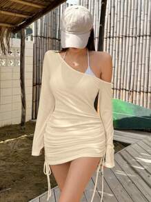 DAZY 女士夏季吊带荷叶边抽绳休闲沙滩罩衫泳衣罩衫，性感透视长袖女士上衣度假 - 米色 - 查看 3