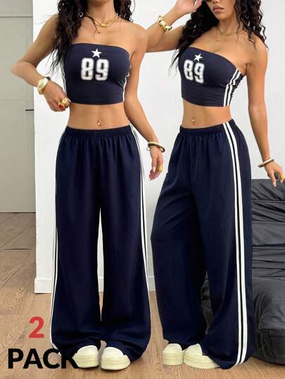 Coolane 女士夏季街头服饰基本款修身拼色字母印花紧身短款上衣和低腰直筒运动风格条纹拼色印花裤两件套服装