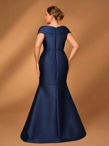 Serin Váy đuôi cá xếp nếp satin màu xanh navy hở vai sang trọng thanh lịch cỡ lớn, phù hợp cho đám cưới, tiệc đơn, kỳ nghỉ, vũ hội, váy dạ hội, mẹ cô dâu - Màu xanh hải quân - Xem 3