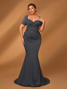 Serin Váy cưới cho mẹ cô dâu cỡ lớn bằng vải satin chắp vá ren màu xám thanh lịch - Xám - Xem 7