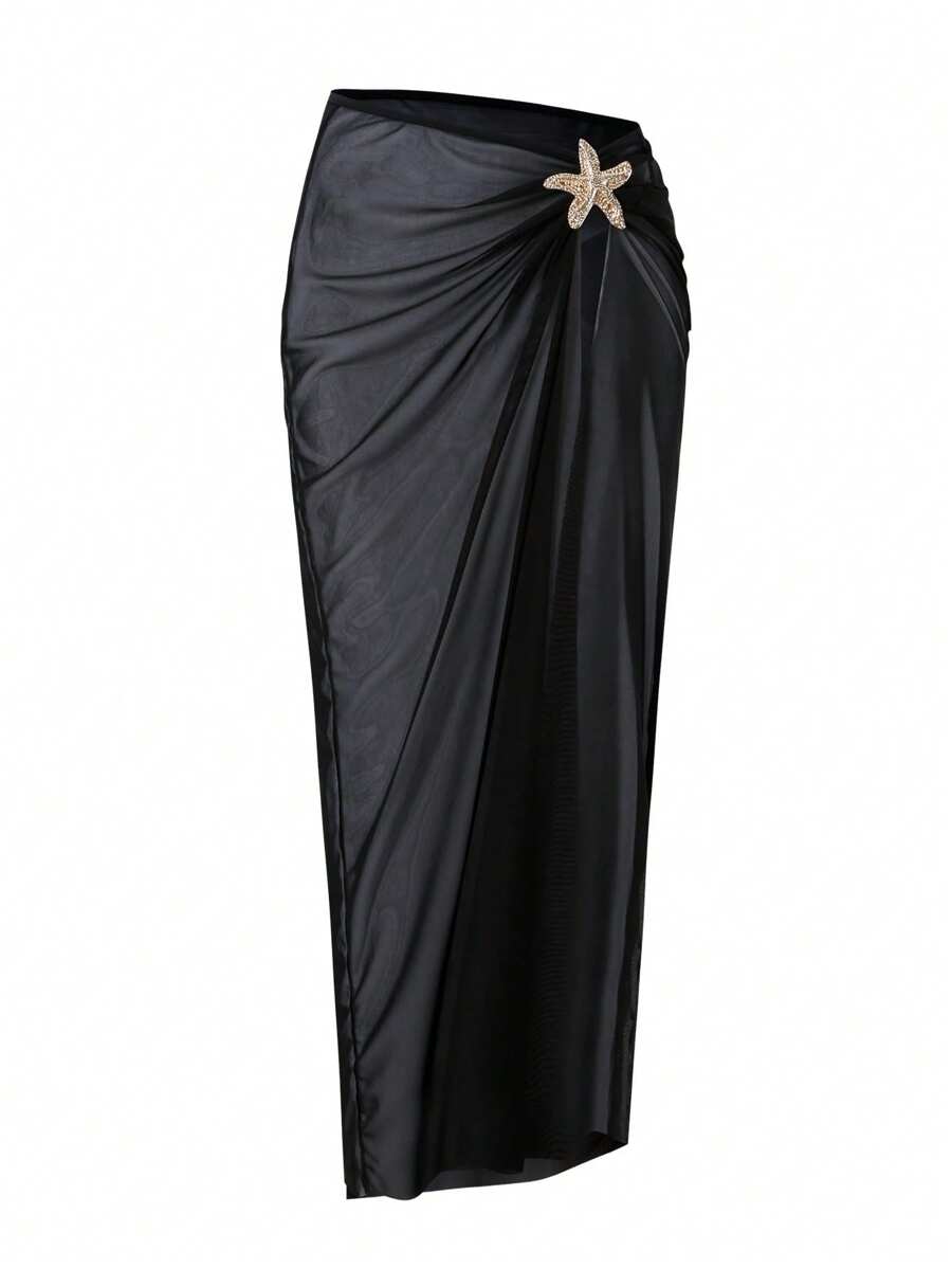 Swim Oasis Plus Size Women Simple Daily Summer Lady Resort Beach Cover-Up & Mini Skirt Set - Black - View 1