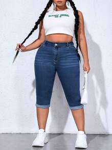 SHEIN CURVE+ Jeans de mezclilla casual con diseño de bigotes de gato para tallas grandes
