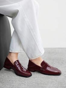 CUCCOO BIZCHIC Black Loafers For Women, 2025 New Spring Autumn Versatile Penny Shoes, British Style Leather Flats, Work Shoes - Burgundy - View 3