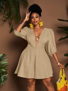 Maweii Plus Size Women's Summer Solid Deep V-Neck Lantern Sleeve Sexy Rompers - Apricot - View 5