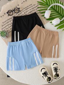 3 Pcs Toddler Boys' Summer Casual White Strap Design Versatile Elastic Waist Loose Comfortable Shorts, Sporty Style