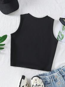 SHEIN Parte superior de chaleco negro de cuello redondo con estampado de dibujos animados de Capibara y flores para niñas preadolescentes - Negro - Ver 2